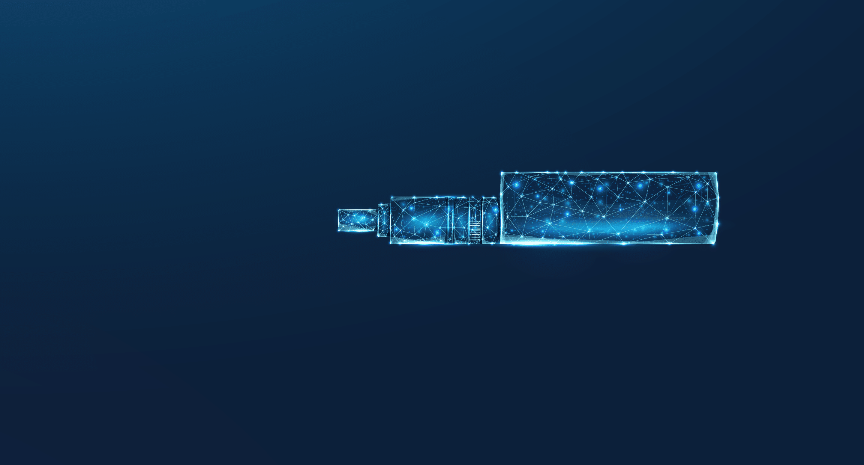 Glowing blue wireframe USB drives of increasing size connected by a network of lines on a dark gradient background.